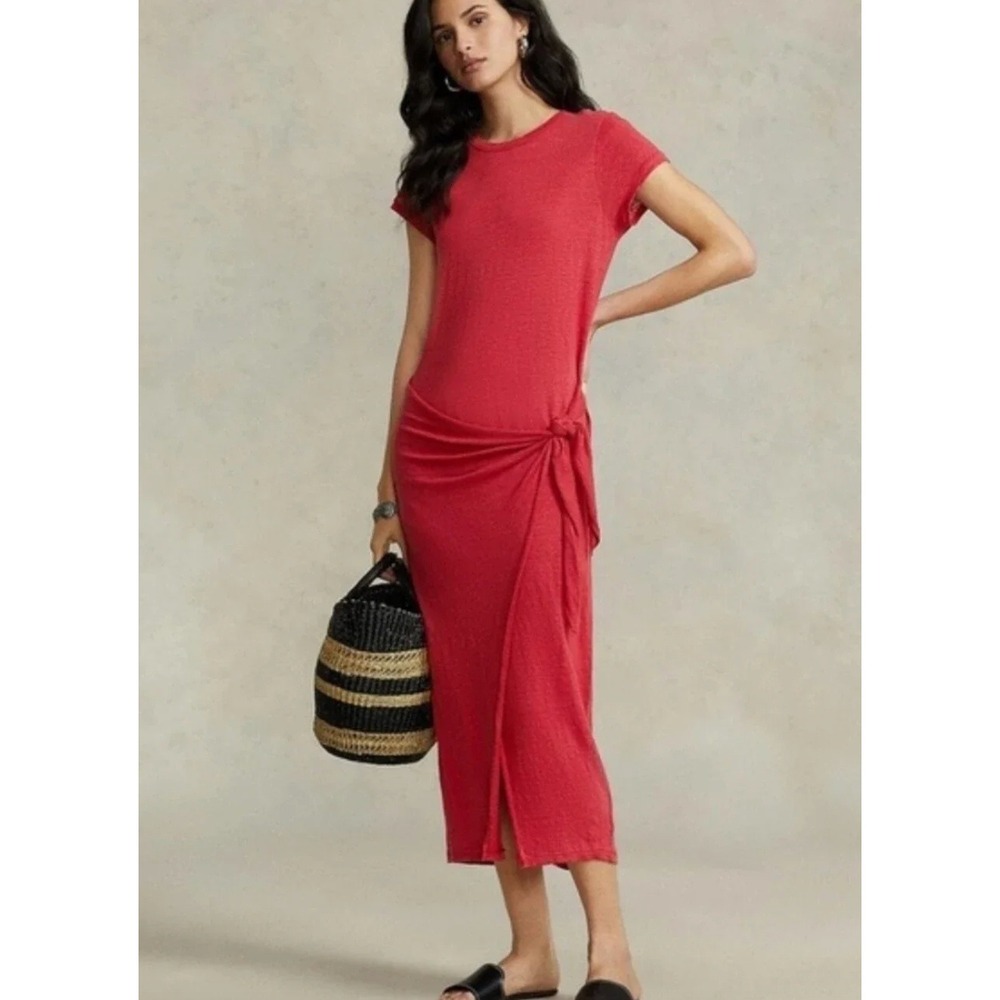 Polo Ralph Lauren Tee Dress Womens XS Coral Pink Cotton Jersey Tie Waist Midi